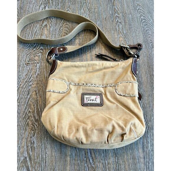 Fossil Vintage Fabric Handbag Canvas Pockets Crossbody Shoulder Bag Tan - Picture 2 of 12